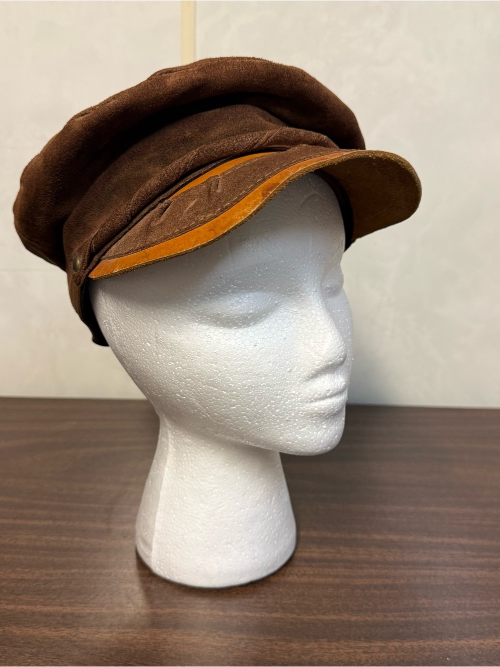 Brown Suede Newsboy Cap Hat Tan Accents Solid Casual Travel 22 inch Distressed